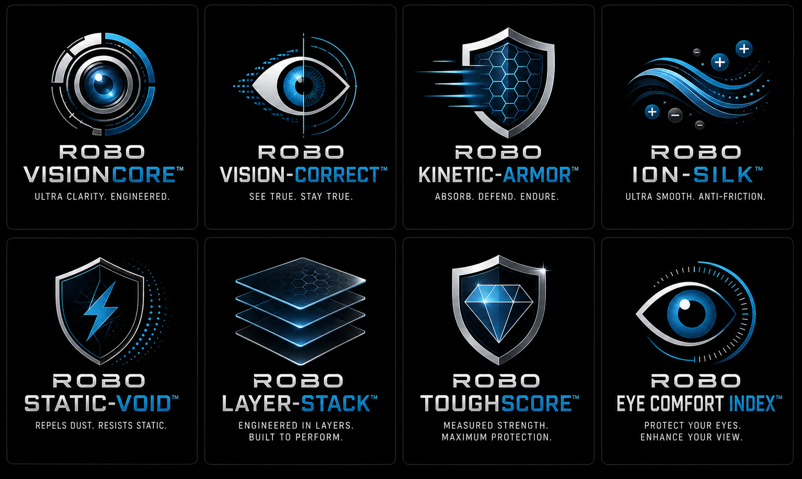 ROBO Shield proprietary technologies: VisionCore, Vision-Correct, Kinetic-Armor, Ion-Silk, Static-Void, Layer-Stack, ToughScore, Eye Comfort Index